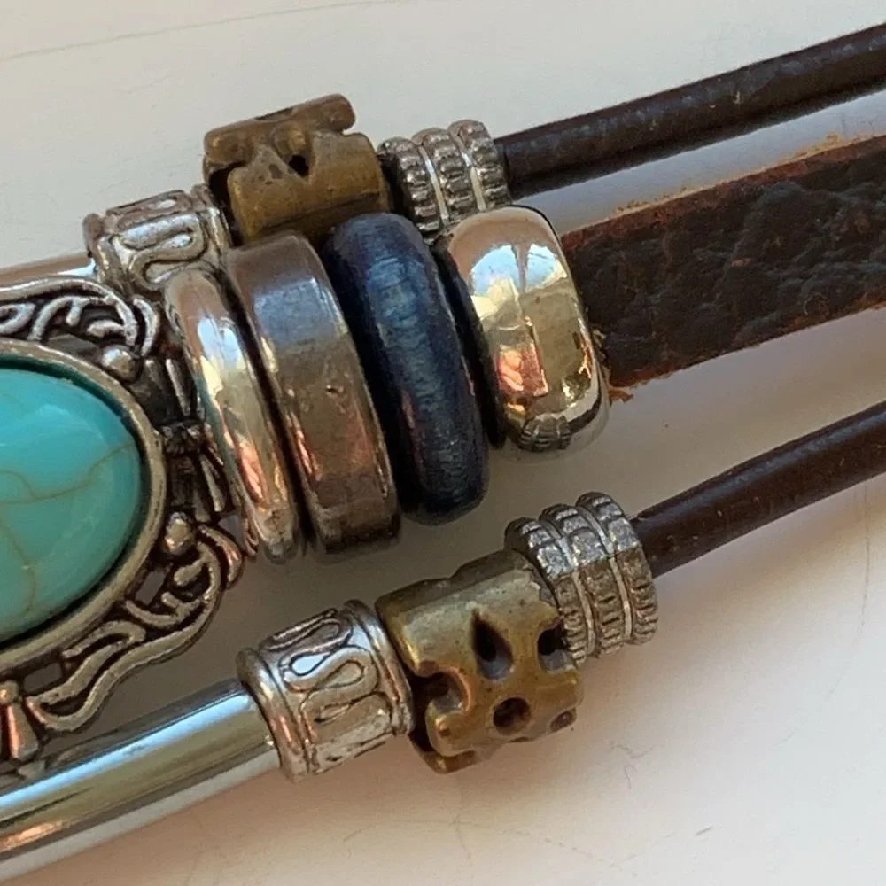 Rugged Western Boho Multi-Strand Bracelet, Faux Turquoise & Brown Leather